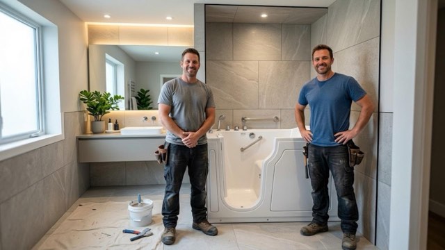 Walk-In Bathroom Tubs Chicago installer with a customer in their bathroom
